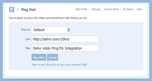 Ping.fm's Ping this form with Delivr share URL prepopulated. Ping.fm's Ping this form with Delivr share URL prepopulated.