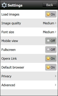 Opera Mini 5.1 For Windows Mobile - Settings Menu 