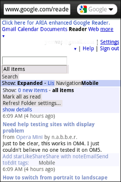 Google Reader for Wii in Opera Mini Mobile View Google Reader for Wii in Opera Mini Mobile View