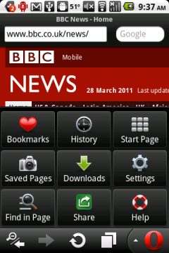 Opera Mobile 11 (Android) Navigatiob Bar and Menu Opera Mobile 11 (Android) Navigatiob Bar and Menu