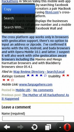 Opera Mobile 11.1 Selection Options Opera Mobile 11.1 Selection Options