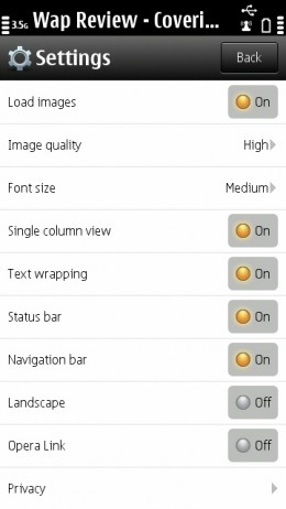 Opera Mini 6.5 (Symbian) Status bar and Navigation toggles are new 