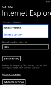 IE10 Mobile- Settings Menu