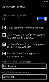 IE10 Mobile - Top Half Of Advanced Settings Menu