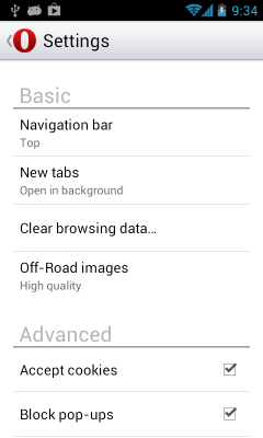 Opera Mobile 14 - Settings Menu