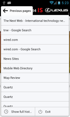 Opera Browser 16 Beta - History and Exit are bound to a long press on the back button